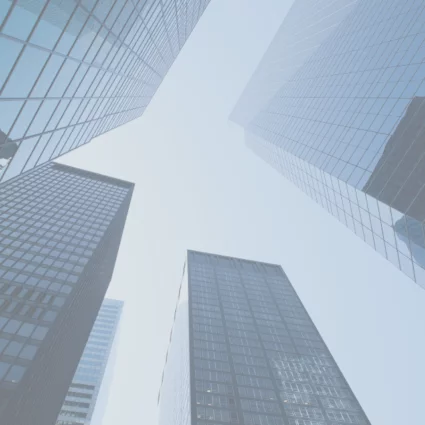 Street view looking up at several skyscrapers.