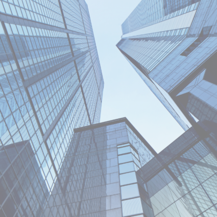 Street view looking up at several skyscrapers.