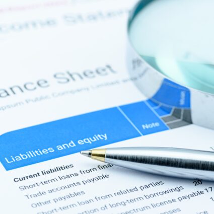 A financial document with accounting terms on it