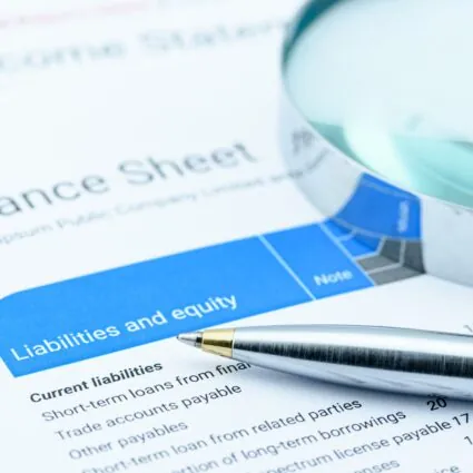 A financial document with accounting terms on it